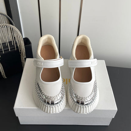 CHLOE 26S MARY JANE SNEAKERS IN WHITE AND SILVER CALFSKIN