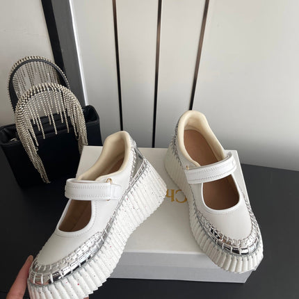 CHLOE 26S MARY JANE SNEAKERS IN WHITE AND SILVER CALFSKIN