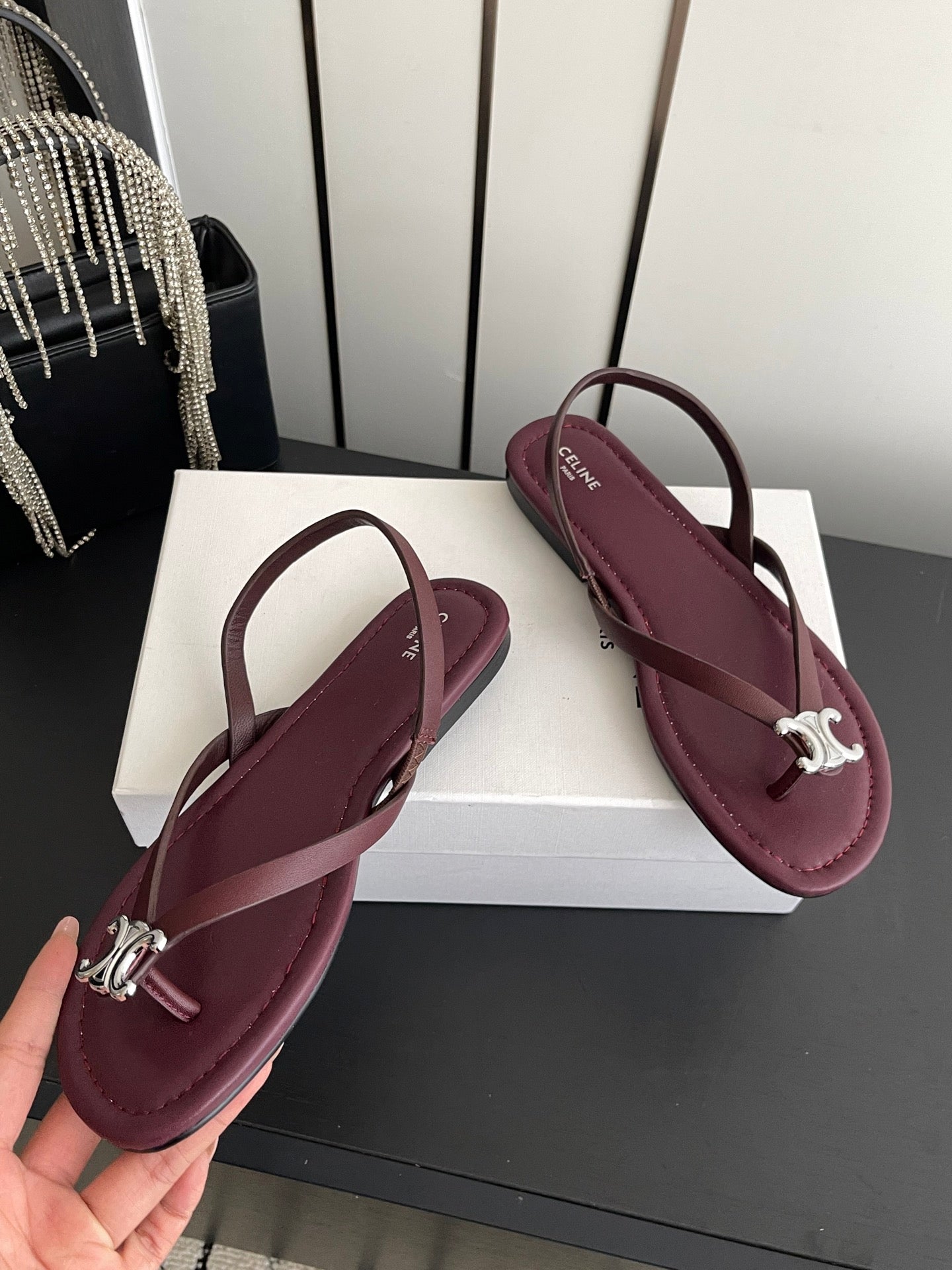 CELINE 26S THONG SANDALS IN DARK RED CALFSKIN