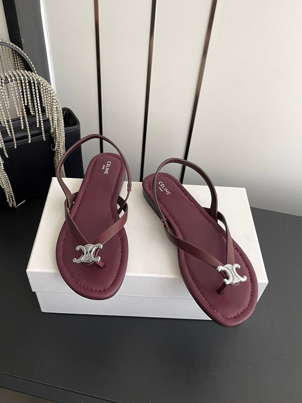 CELINE 26S THONG SANDALS IN DARK RED CALFSKIN