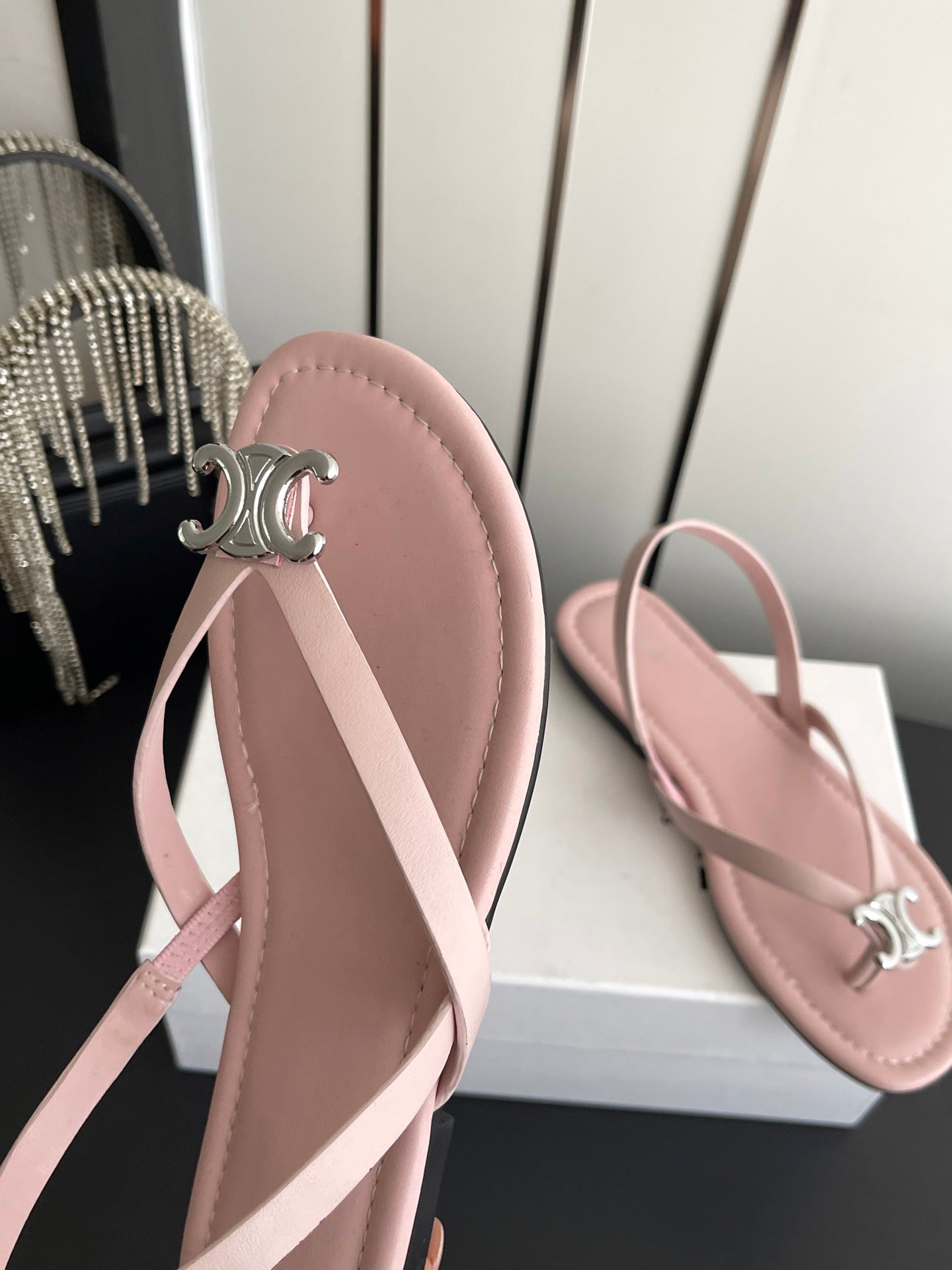 CELINE 26S THONG SANDALS IN LIGHT PINK CALFSKIN