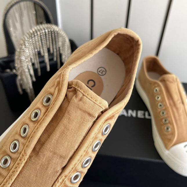 CHANEL 26S LOW TOP IN BEIGE CANVAS