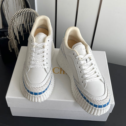 CHLOE 26S LACE-UP SNEAKERS IN WHITE MIX BLUE CALFSKIN