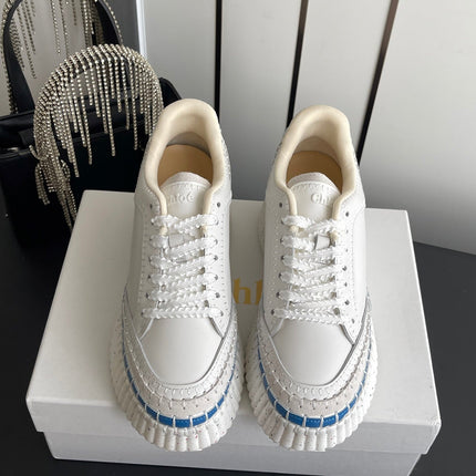 CHLOE 26S LACE-UP SNEAKERS IN WHITE MIX BLUE CALFSKIN
