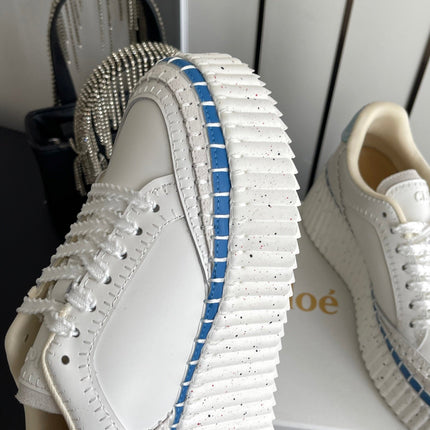 CHLOE 26S LACE-UP SNEAKERS IN WHITE MIX BLUE CALFSKIN
