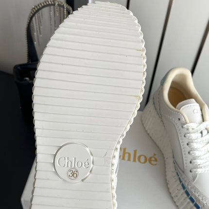 CHLOE 26S LACE-UP SNEAKERS IN WHITE MIX BLUE CALFSKIN