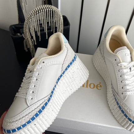 CHLOE 26S LACE-UP SNEAKERS IN WHITE MIX BLUE CALFSKIN