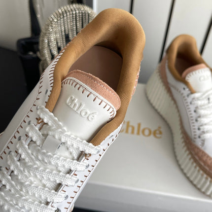 CHLOE 26S LACE-UP SNEAKERS IN WHITE MIX BEIGE CALFSKIN