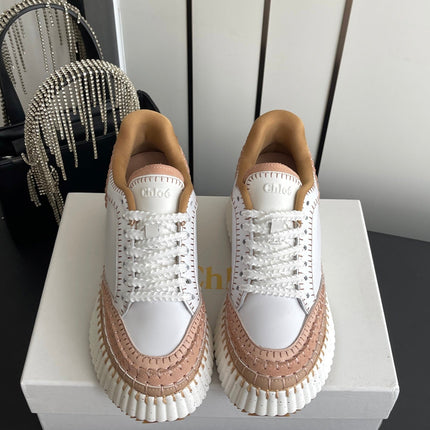 CHLOE 26S LACE-UP SNEAKERS IN WHITE MIX BEIGE CALFSKIN