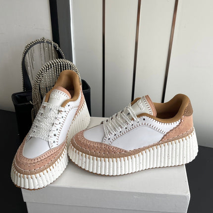 CHLOE 26S LACE-UP SNEAKERS IN WHITE MIX BEIGE CALFSKIN