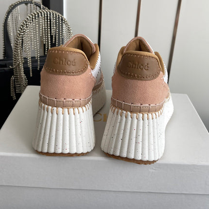 CHLOE 26S LACE-UP SNEAKERS IN WHITE MIX BEIGE CALFSKIN