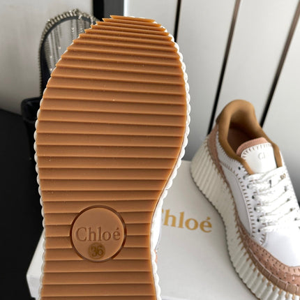 CHLOE 26S LACE-UP SNEAKERS IN WHITE MIX BEIGE CALFSKIN