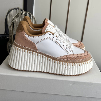 CHLOE 26S LACE-UP SNEAKERS IN WHITE MIX BEIGE CALFSKIN