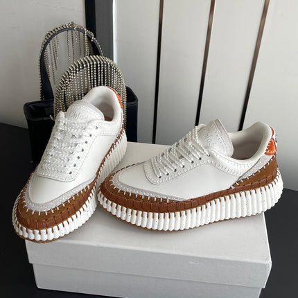 CHLOE 26S LACE-UP SNEAKERS IN WHITE MIX BROWN CALFSKIN