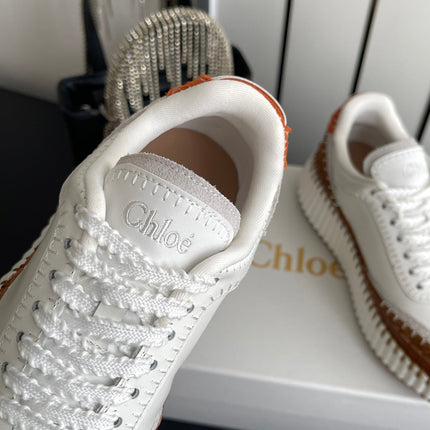 CHLOE 26S LACE-UP SNEAKERS IN WHITE MIX BROWN CALFSKIN