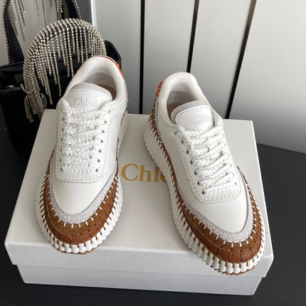 CHLOE 26S LACE-UP SNEAKERS IN WHITE MIX BROWN CALFSKIN