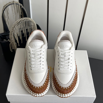 CHLOE 26S LACE-UP SNEAKERS IN WHITE MIX BROWN CALFSKIN