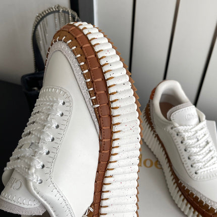 CHLOE 26S LACE-UP SNEAKERS IN WHITE MIX BROWN CALFSKIN