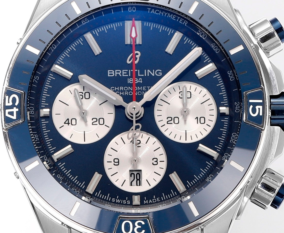 SUPER CHRONOMAT B01 44 CERAMIC BEZEL BLUE AND WHITE DIAL