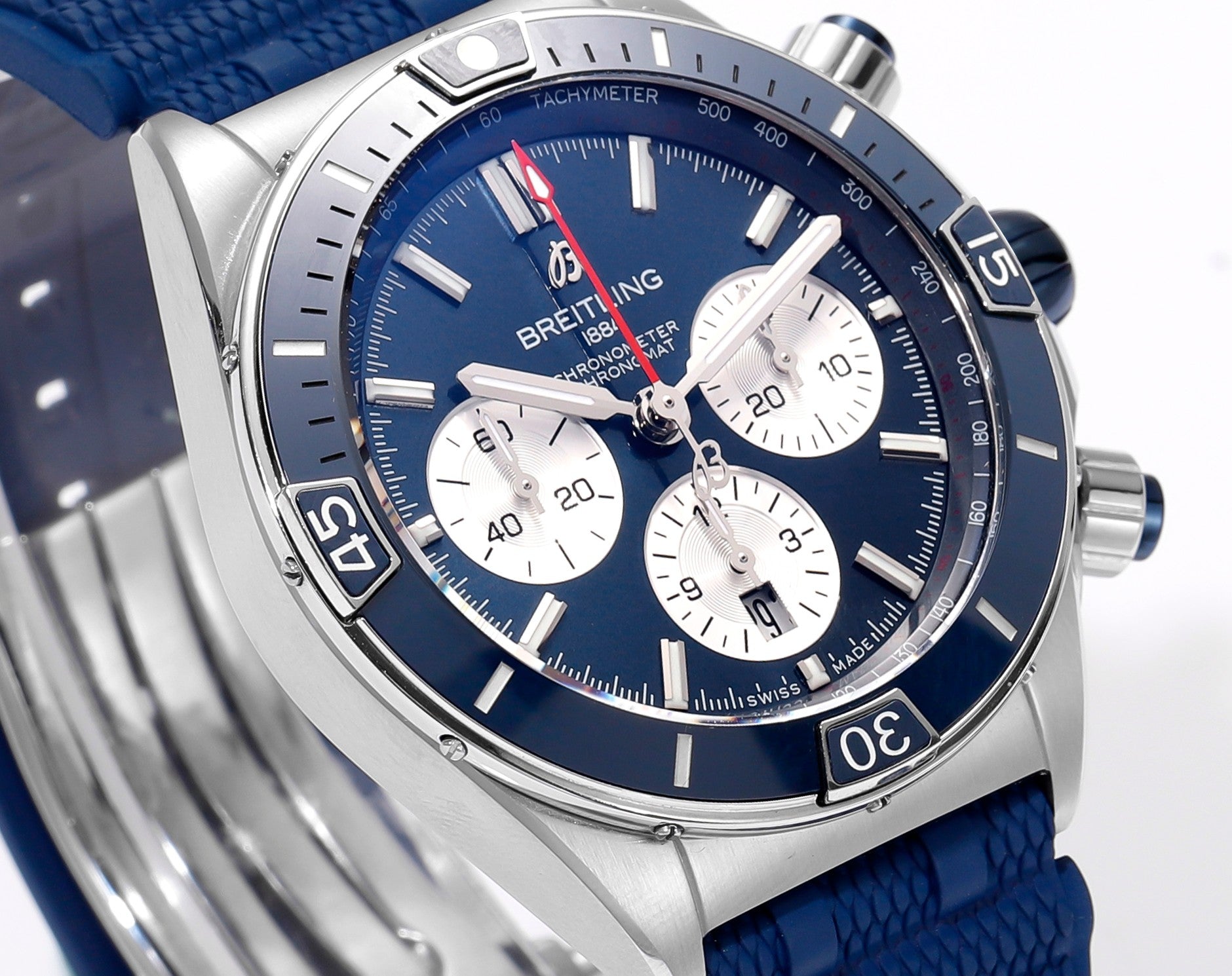 SUPER CHRONOMAT B01 44 CERAMIC BEZEL BLUE AND WHITE DIAL