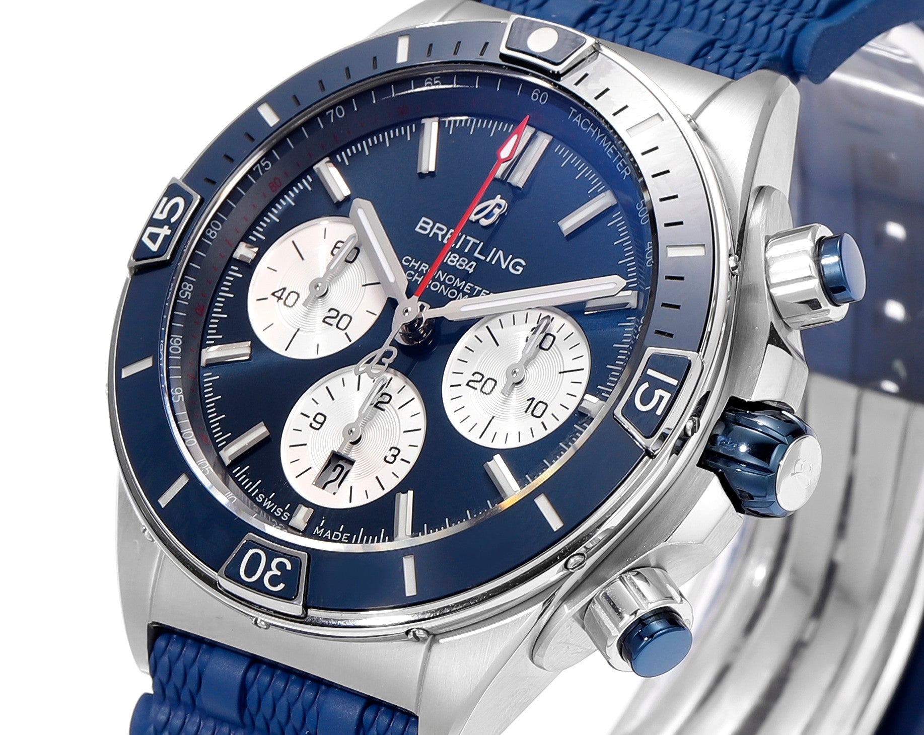 SUPER CHRONOMAT B01 44 CERAMIC BEZEL BLUE AND WHITE DIAL