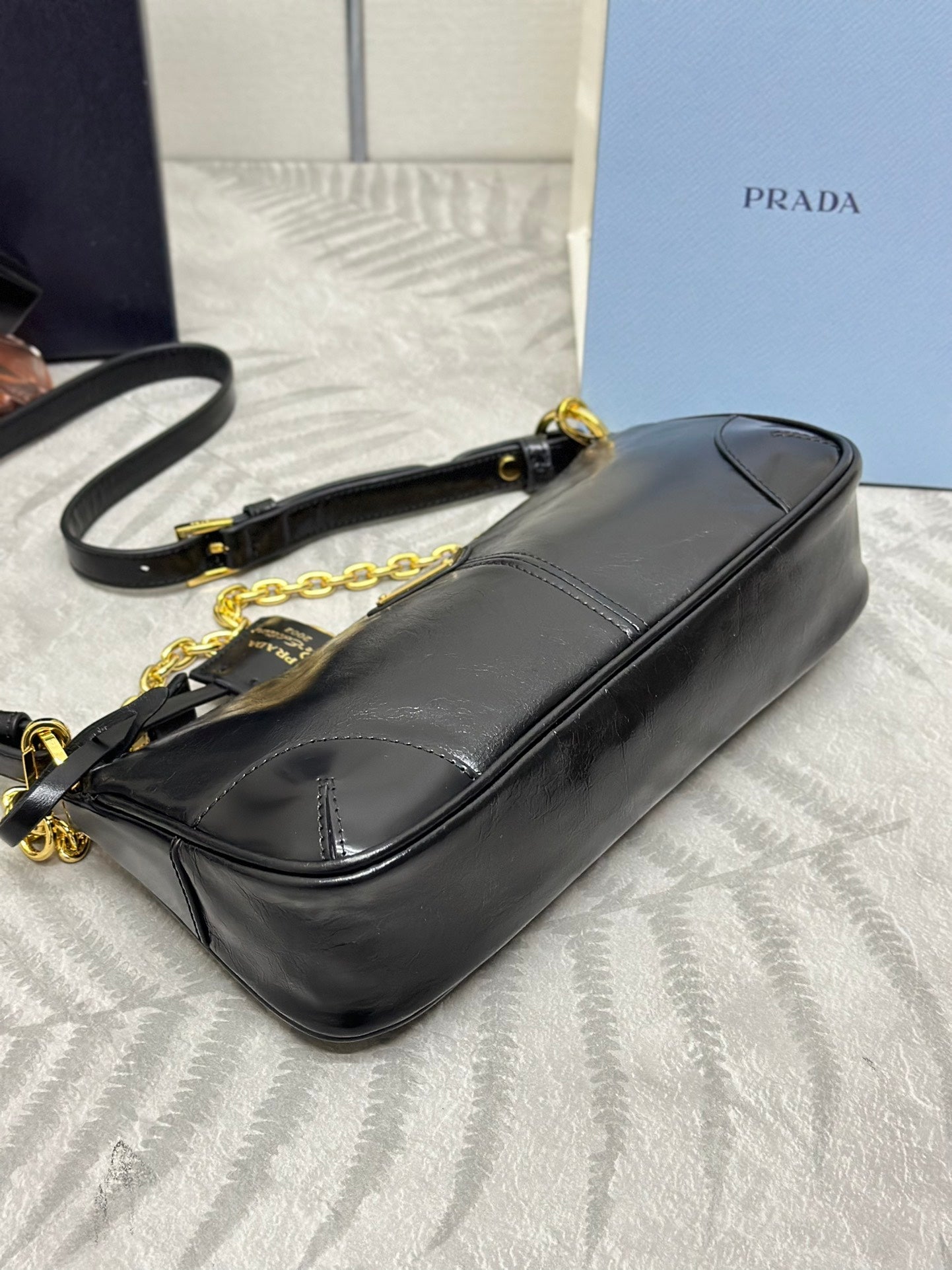 PRADA 26S SHOULDER BAG 11.5 IN BLACK CALFSKIN GOLD HARDWARE