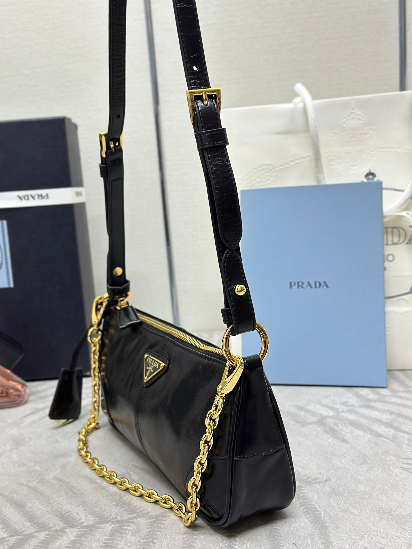 PRADA 26S SHOULDER BAG 11.5 IN BLACK CALFSKIN GOLD HARDWARE