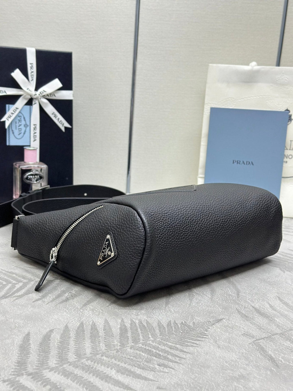 PRADA 25S SHOULDER STRAP BAG 26 IN BLACK CALFSKIN SILVER HARDWARE