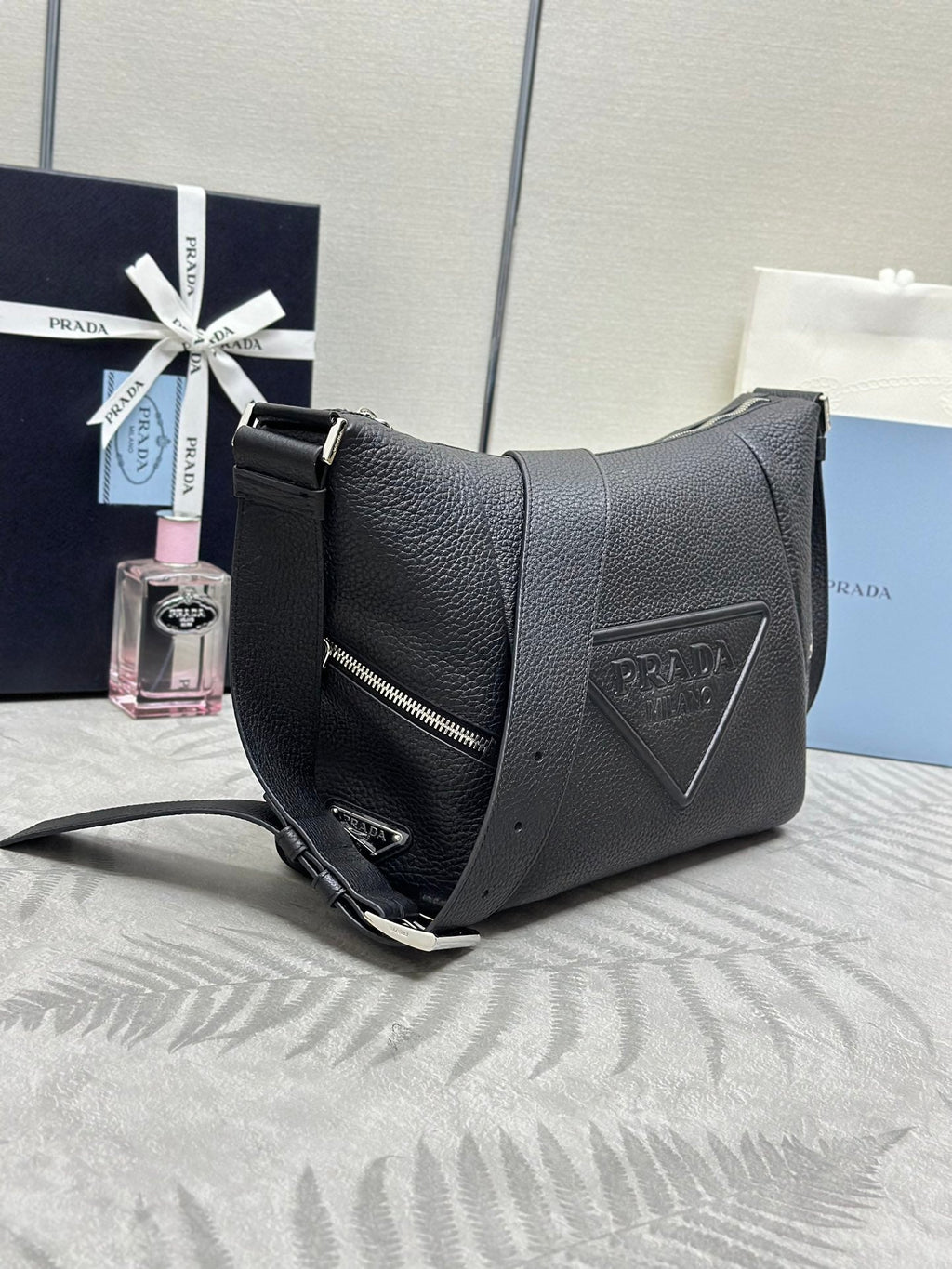PRADA 25S SHOULDER STRAP BAG 26 IN BLACK CALFSKIN SILVER HARDWARE