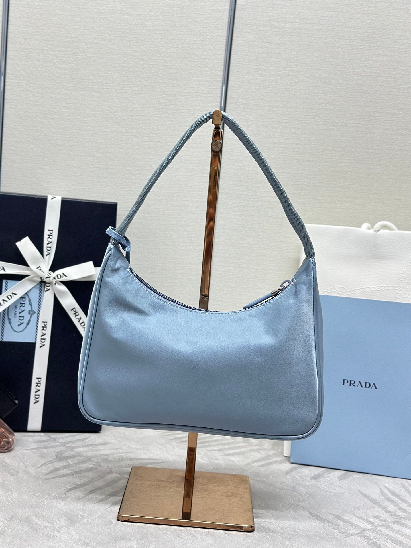 PRADA 26S SHOULDER BAG 23 IN LIGHT BLUE FABRIC