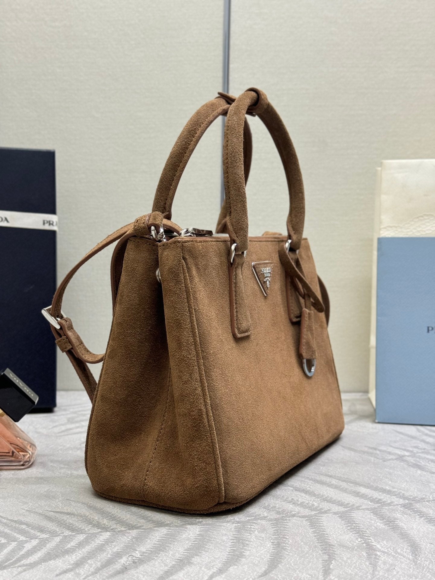 PRADA 26S HANDBAG 28 IN TAUPE SUEDE
