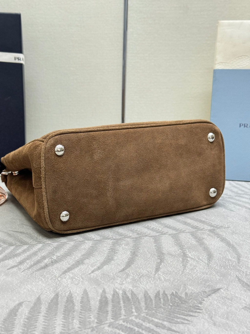 PRADA 26S HANDBAG 28 IN TAUPE SUEDE