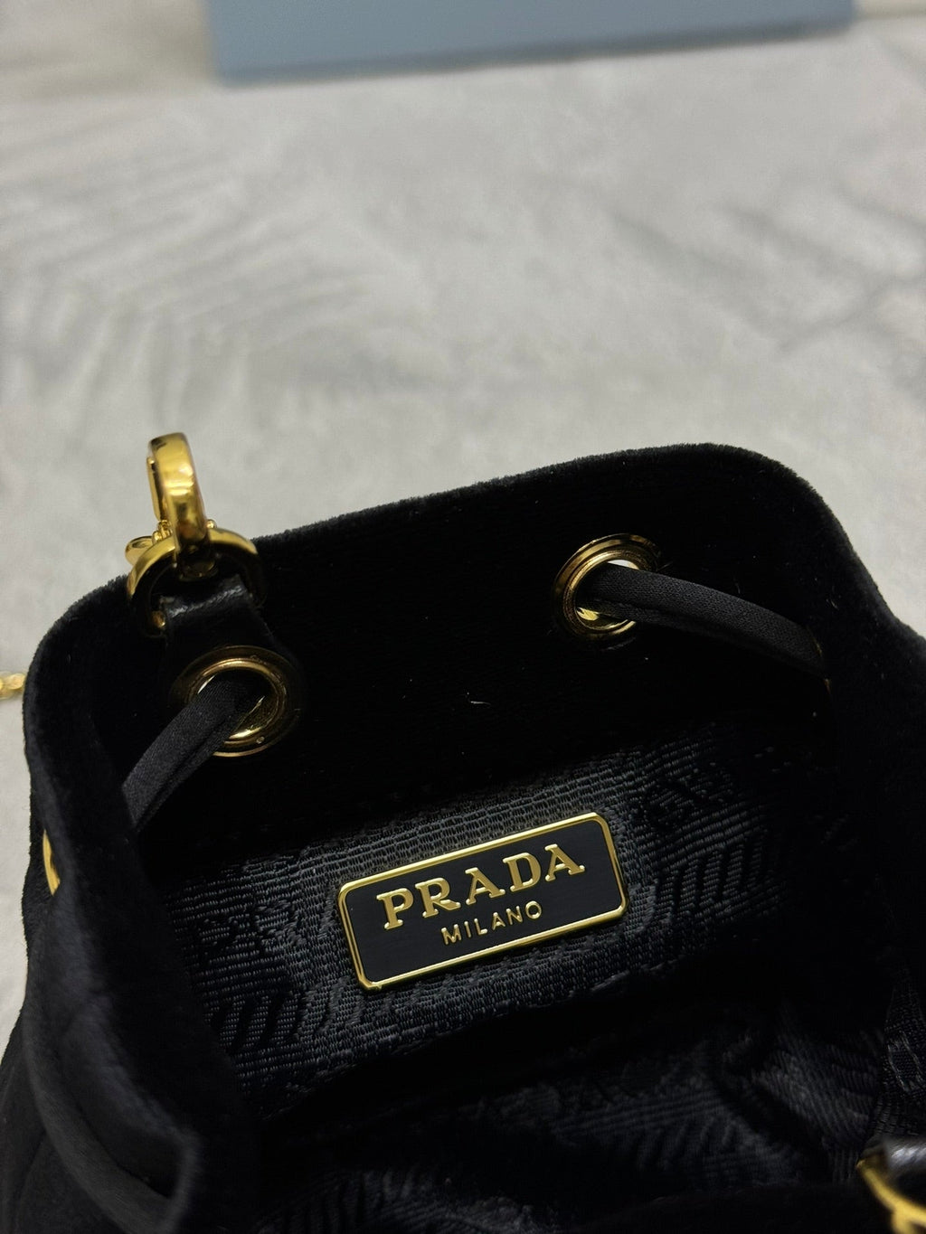 PRADA 25S MINI POUCH 12 IN BLACK VELVET GOLD HARDWARE