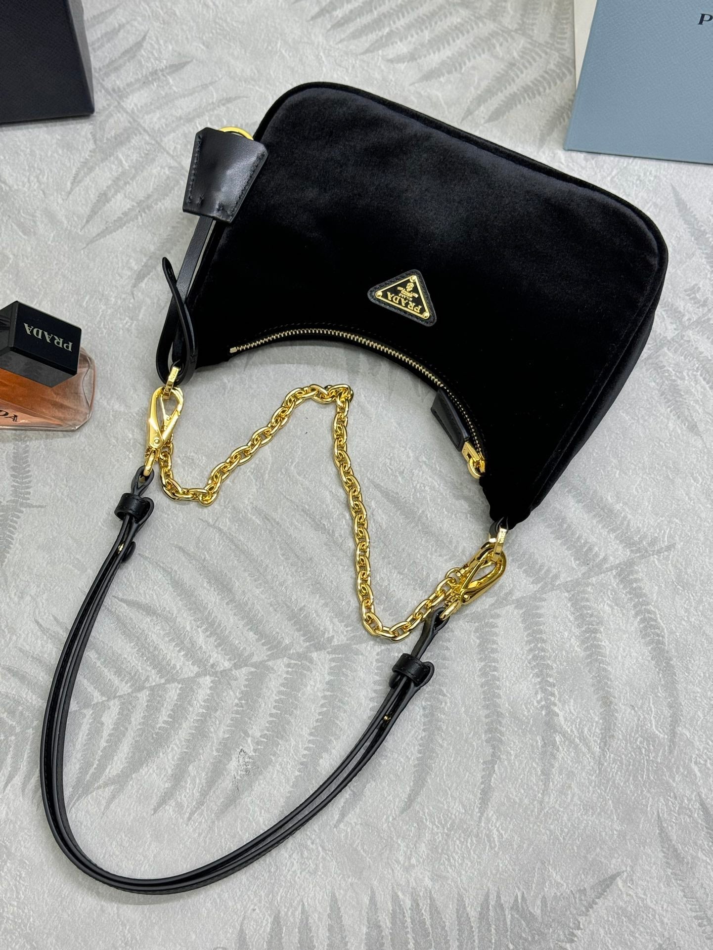 PRADA 25S MINI HOBO BAG 23 IN BLACK VELVET GOLD HARDWARE