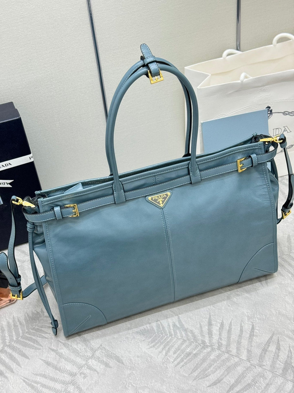 PRADA 25S LUX SOFT BAG 42 IN BLUE GLOSSY CALFSKIN GOLD HARDWARE