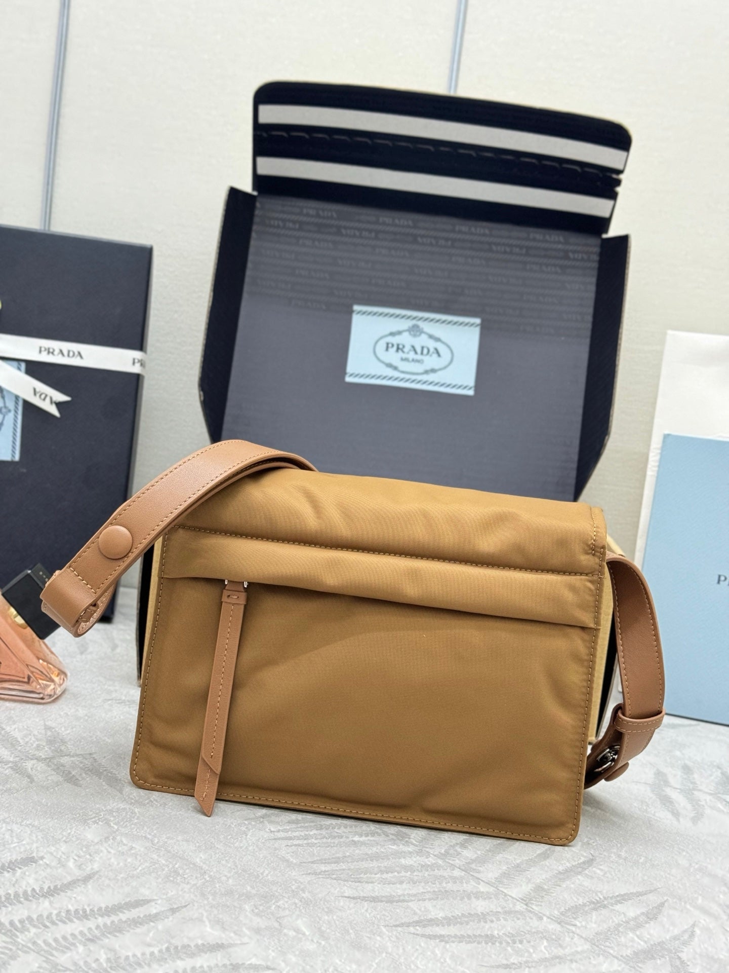 PRADA 26S CROSSBODY BAG 16 IN CAMEL RE-NYLON
