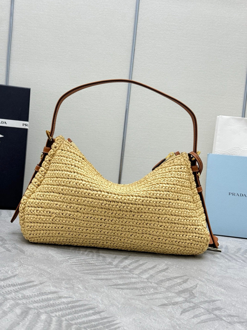 PRADA 26S SHOULDER BAG 34 IN NATURAL RAFFIA