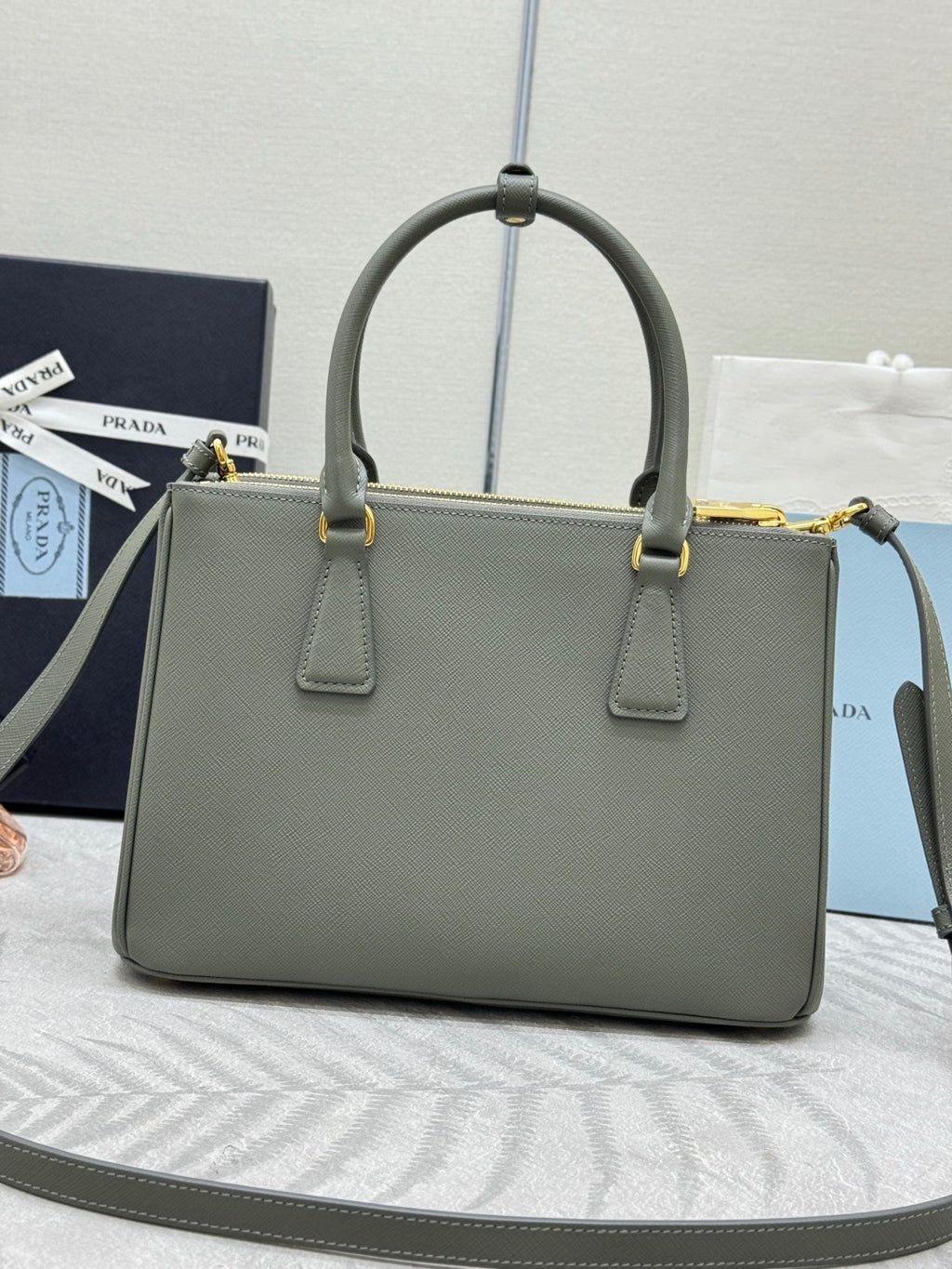 PRADA 26S GALLERIA 28 BAG IN SAGE GREEN SAFFIANO