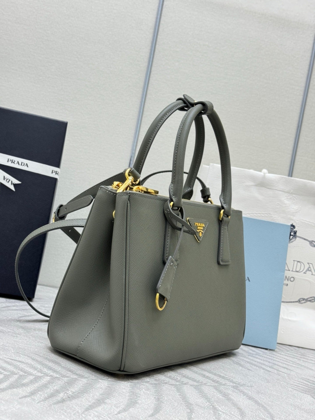 PRADA 26S GALLERIA 28 BAG IN SAGE GREEN SAFFIANO