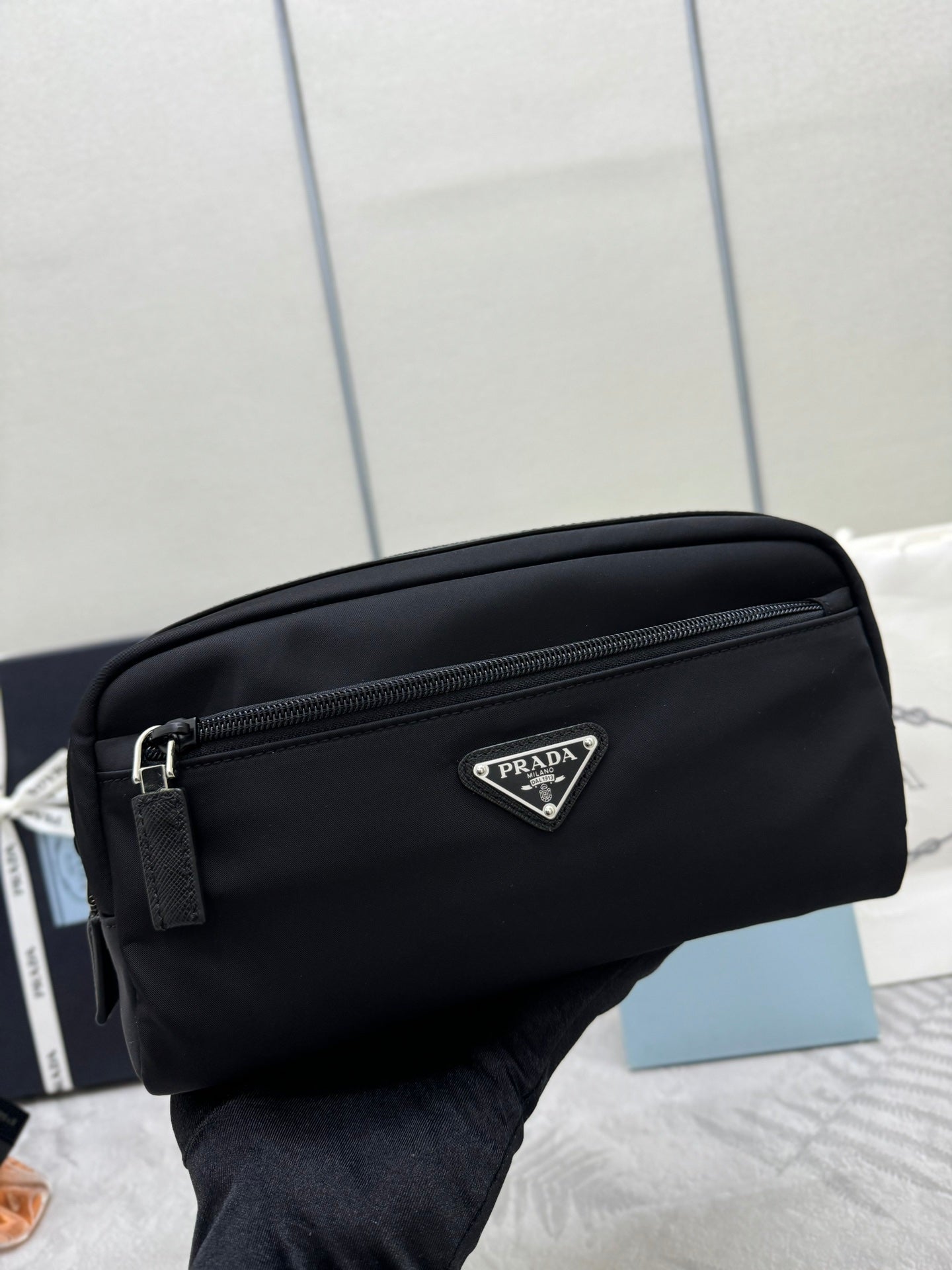 PRADA 25S MEDIUM CLUTCH BAG 26 IN BLACK NYLON SILVER HARDWARE
