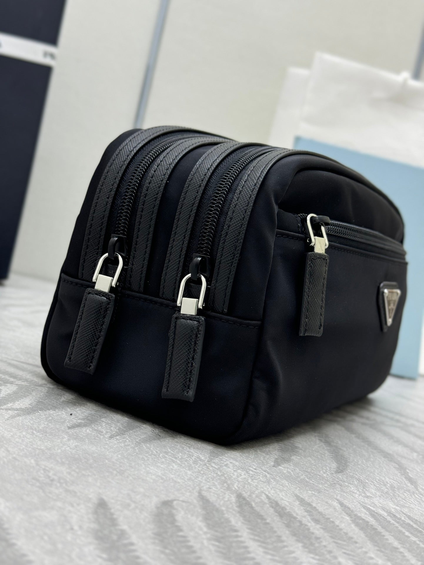 PRADA 25S MEDIUM CLUTCH BAG 26 IN BLACK NYLON SILVER HARDWARE