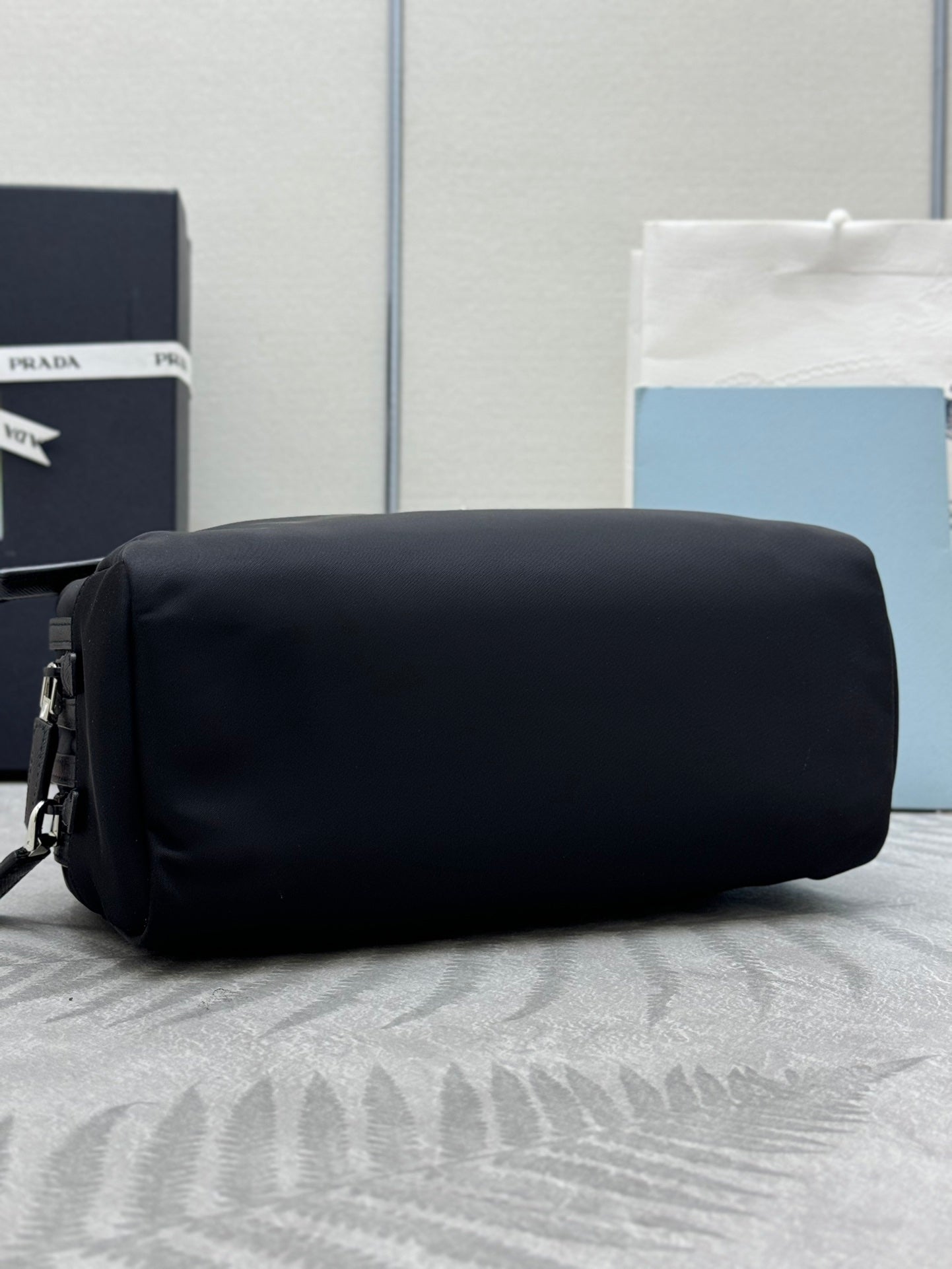 PRADA 25S MEDIUM CLUTCH BAG 26 IN BLACK NYLON SILVER HARDWARE