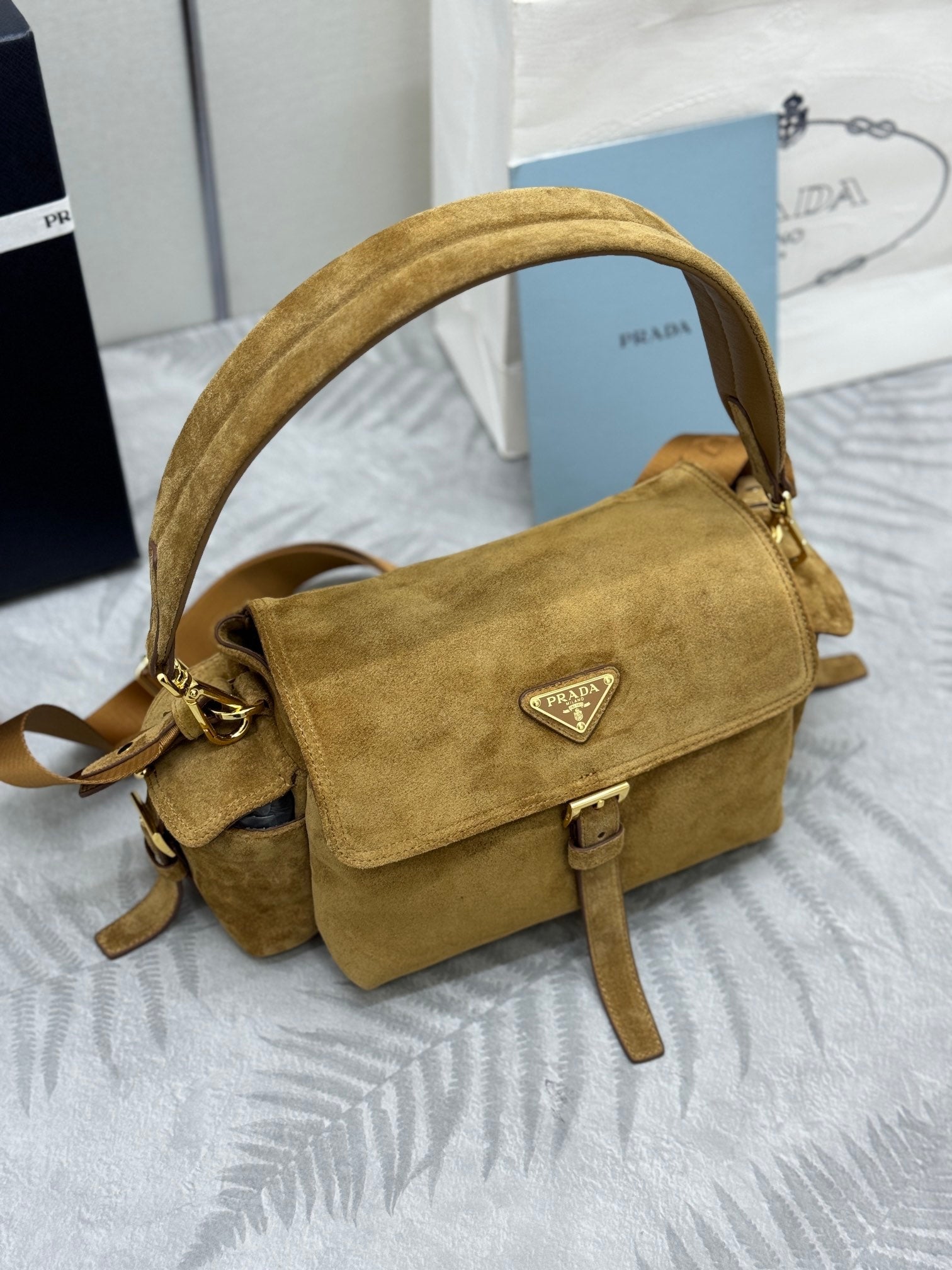 PRADA 25S EXPLORE MEDIUM SHOULDER BAG 30 IN DARK GOLDEN BROWN SUEDE WITH FLAP