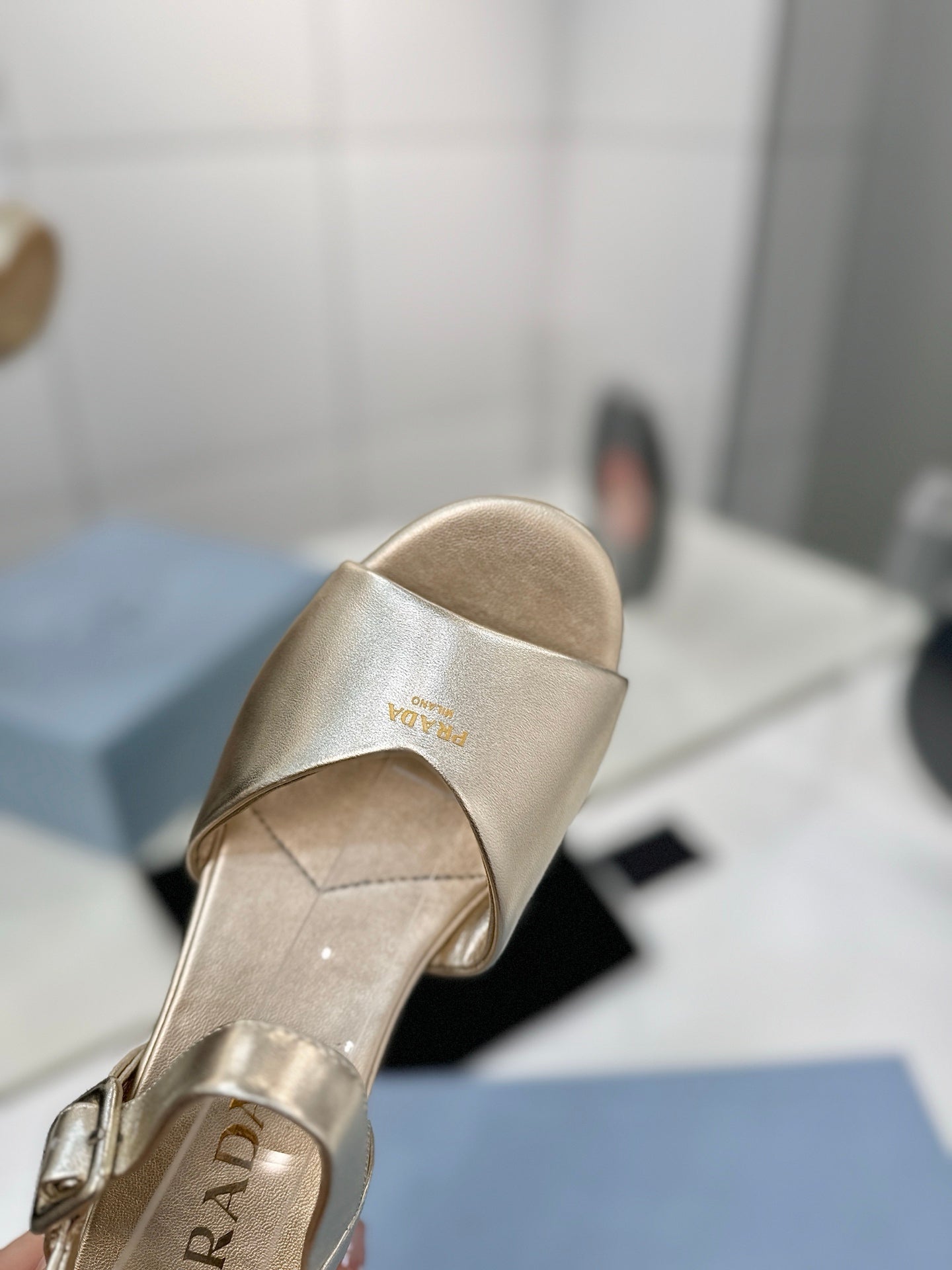 PRADA 26S HEELED SANDALS 70MM IN GOLD CALFSKIN