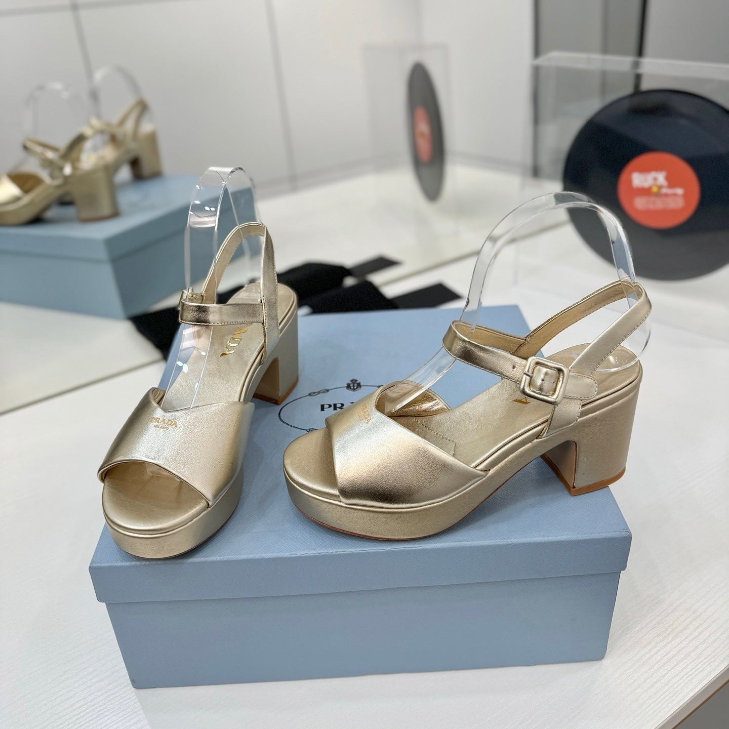 PRADA 26S HEELED SANDALS 70MM IN GOLD CALFSKIN