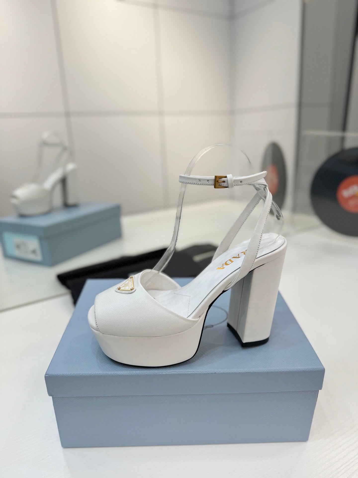 PRADA 26S HEELED SANDALS 115MM IN WHITE CALFSKIN WITH LOGO