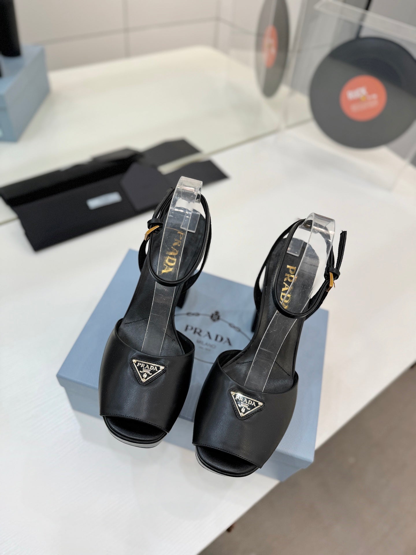 PRADA 26S HEELED SANDALS 115MM IN BLACK CALFSKIN WITH LOGO