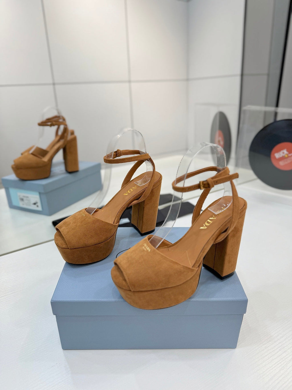 PRADA 26S HEELED SANDALS 115MM IN CARAMEL BROWN SUEDE