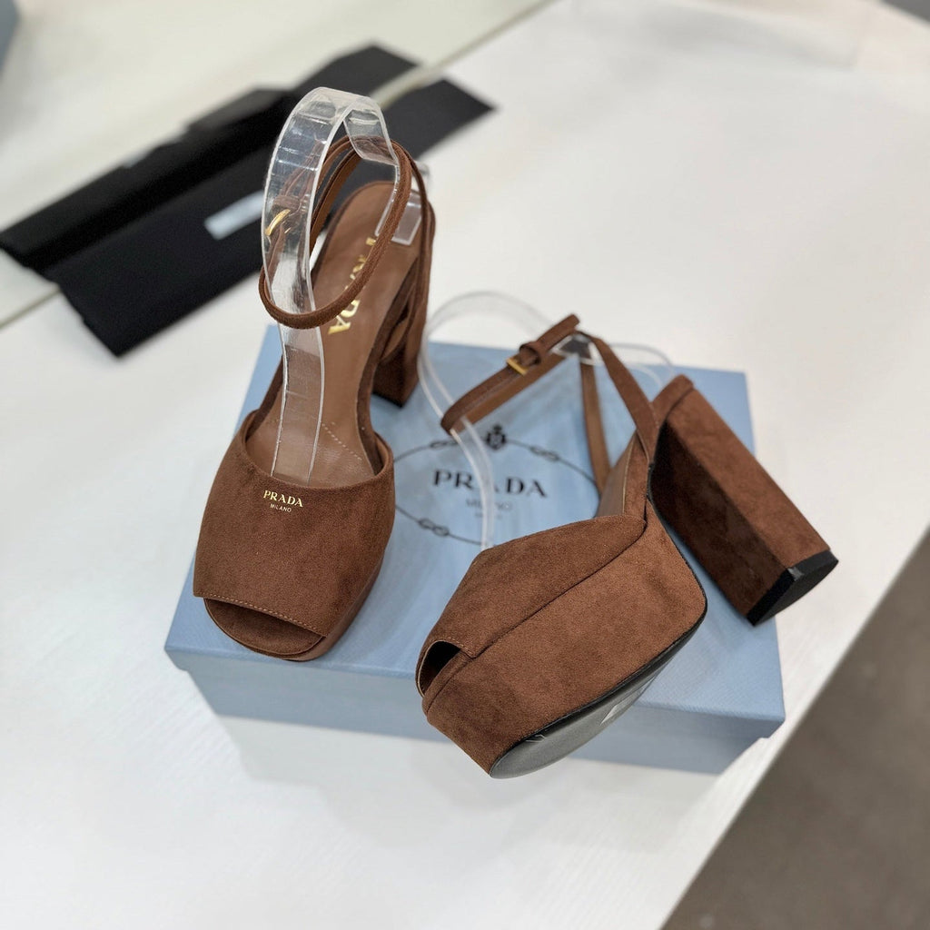 PRADA 26S HEELED SANDALS 115MM IN DARK BROWN SUEDE