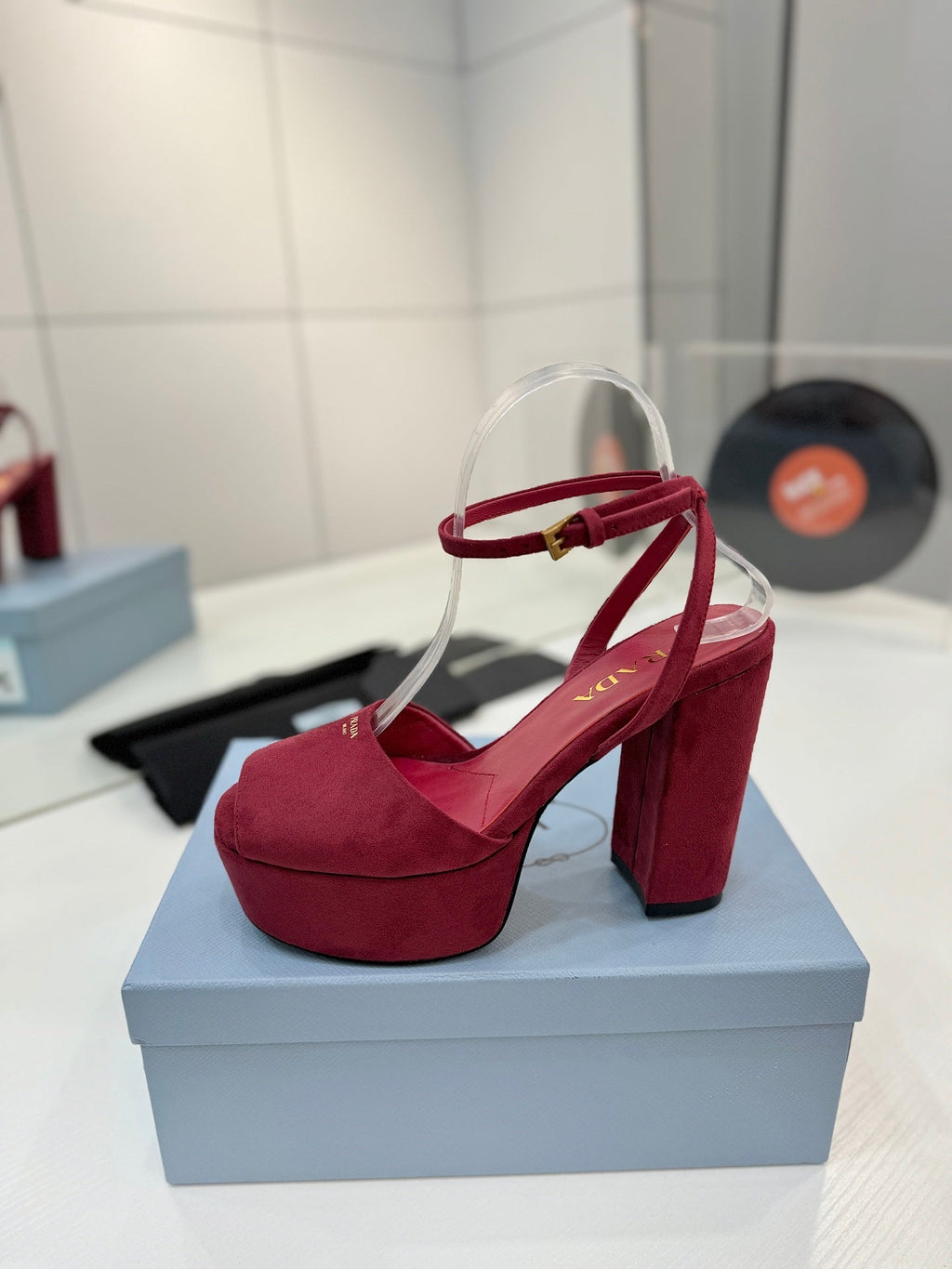 PRADA 26S HEELED SANDALS 115MM IN BURGUNDY RED SUEDE